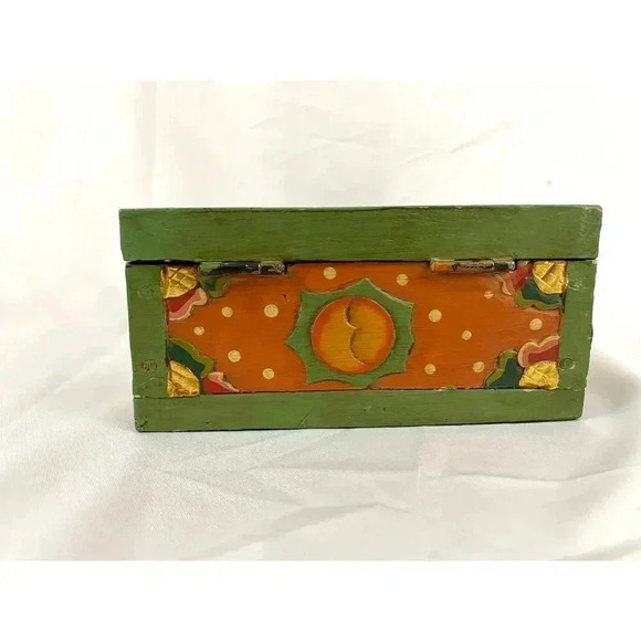VTG Carved Hand Painted Wooden Box Sun Folk Art Design Green Orange Boho - Picture 8 of 12